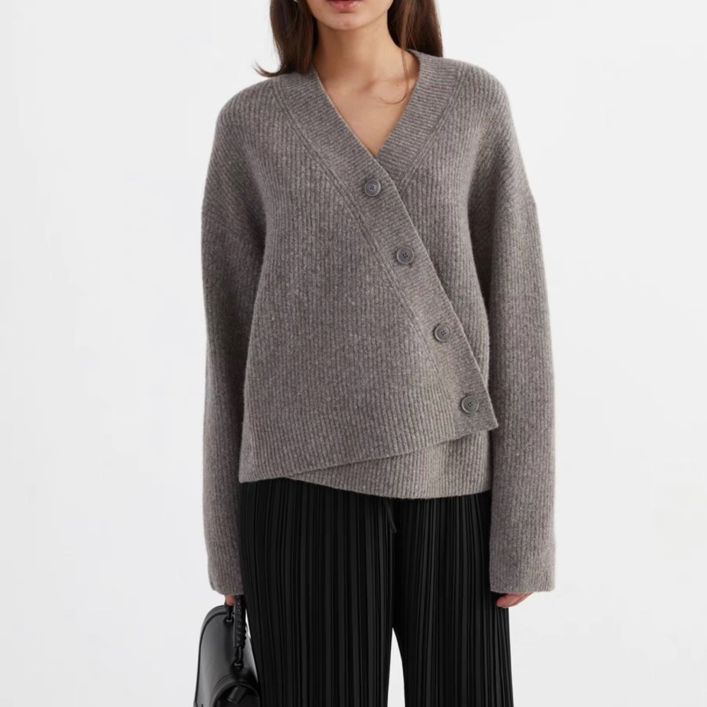 Oversized oatmeal color V-neck Cardigan